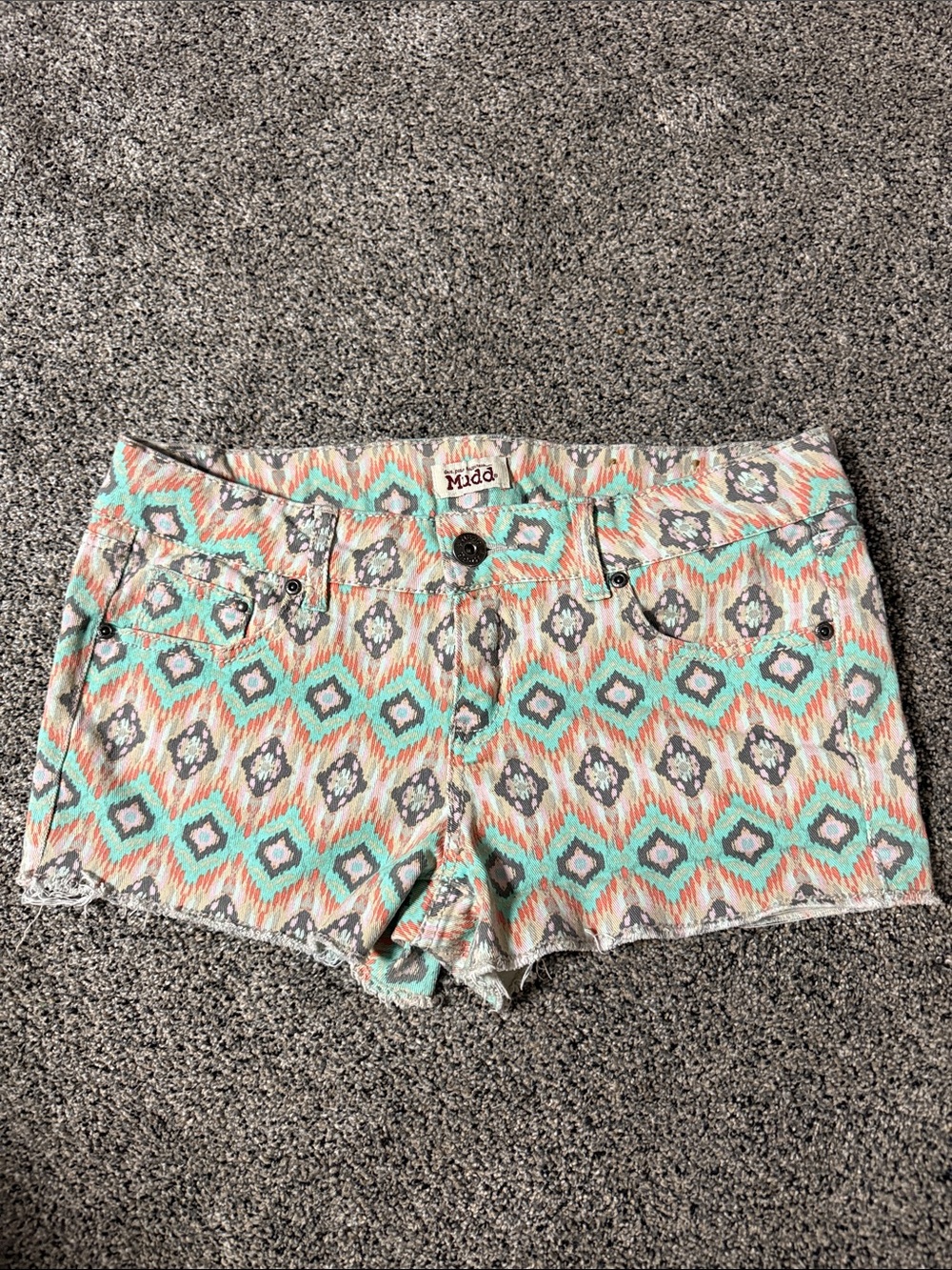 Mudd Aztec Print Denim Shorts in Turquoise and Coral